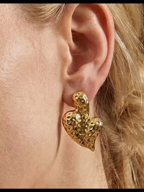 18k Gold plated Heart Drop Earrings - Sculpted Textured Design